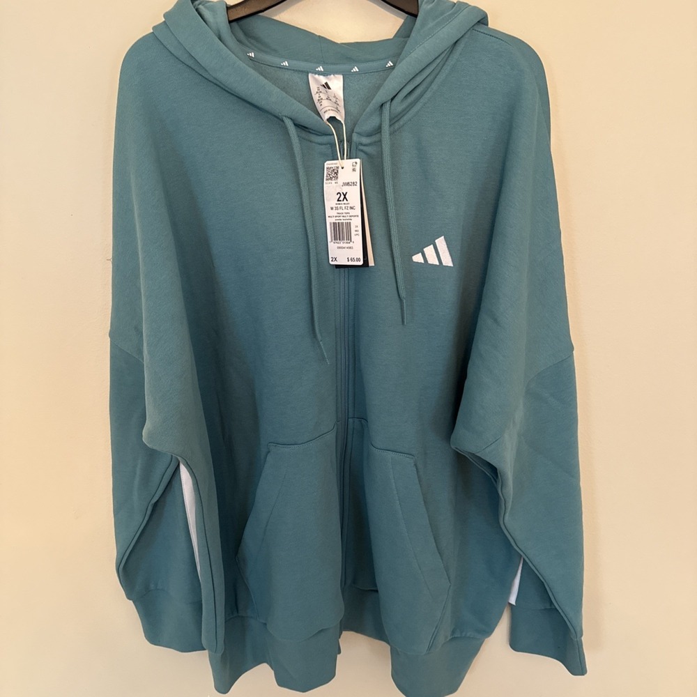 adidas Women's Track Jacket Teal White Full Zip Hooded Size 2X